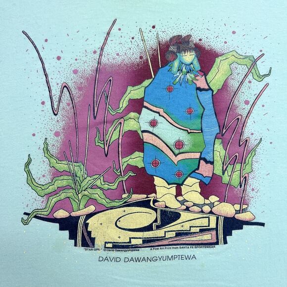 Vintage 90s David Dawangyumptewa Star Girl Fine Art Print T-Shirt Native Boho - Picture 2 of 11